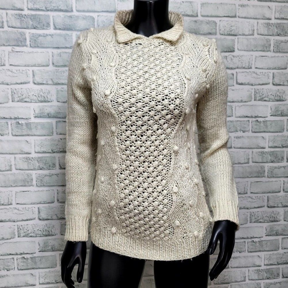 Vintage 80s Stephanie Womens‎ S Ivory Open Knit Collared Wool Blend Sweater